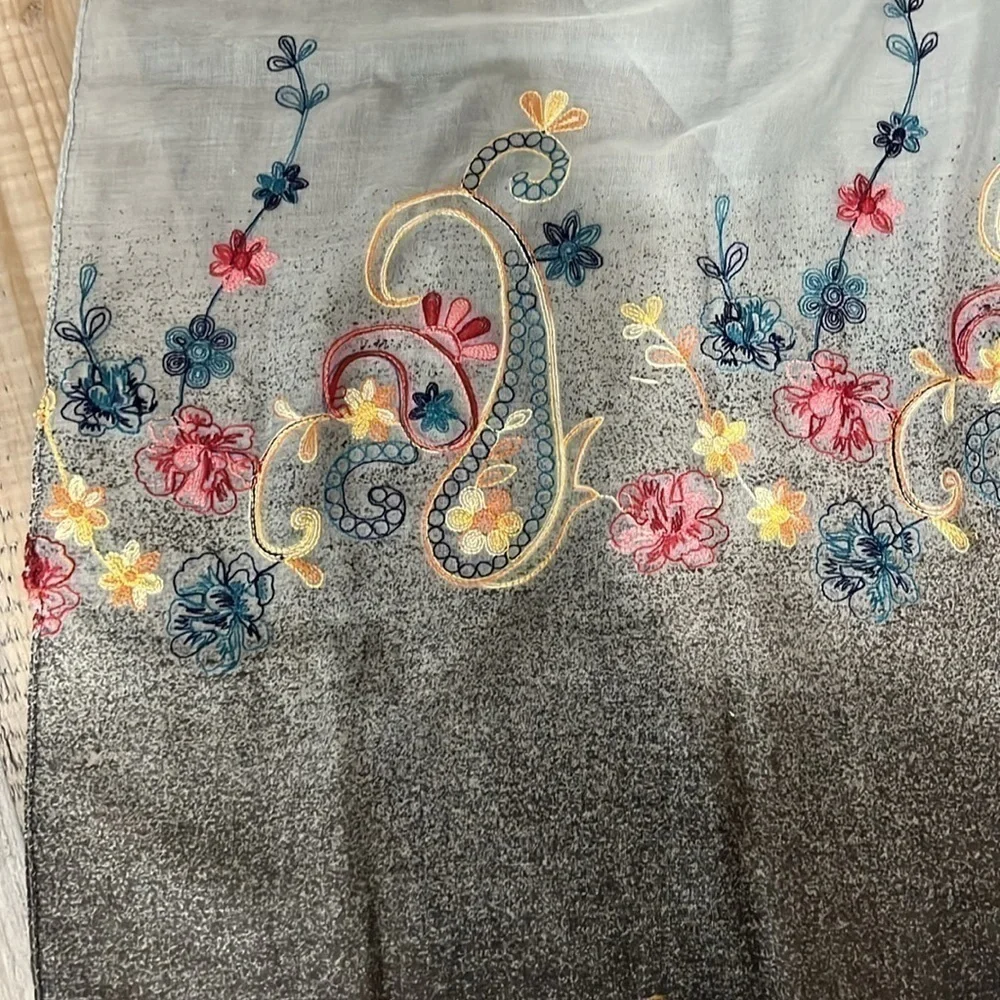 Beautiful Long Gray Floral Embroidered Scarf